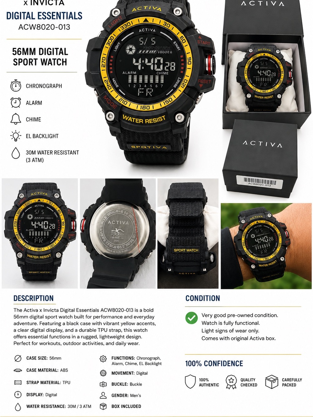 Ativa 56mm Digital Sport Watch - Black with Yellow Accents
